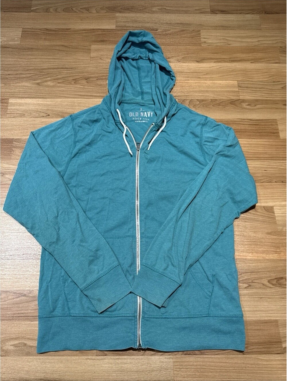 Old Navy Men's Teal  Full Zip Hooded Hoodie Small Solid Cotton Knit Pockets